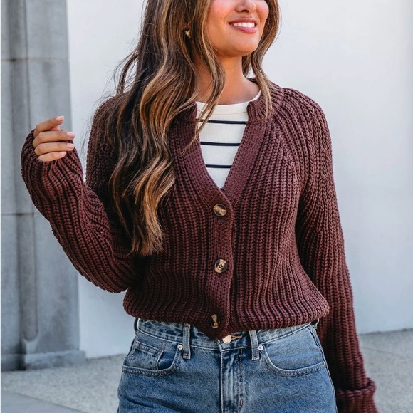 Magnolia Sweaters - Magnolia Chunky Deep Brown Button Down Cardigan